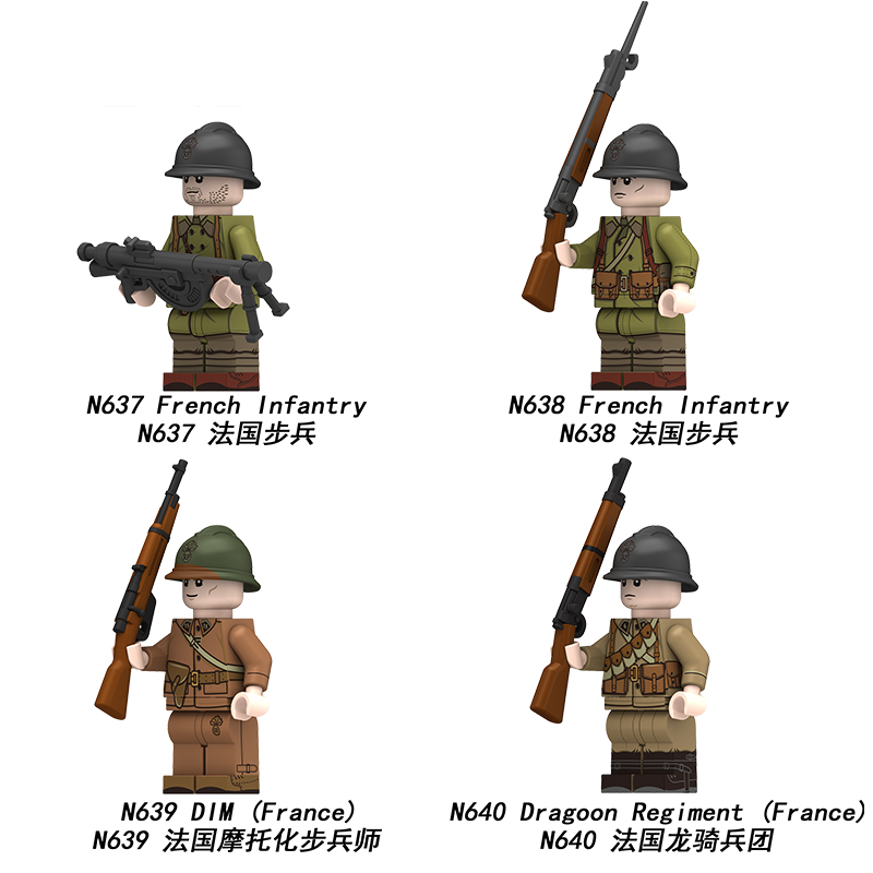 Military World War II French Infantry Motorcycle Soldier Dragoon Regiment Minifigures,Assembled Building Blocks, Compatible with Lego,N637-640