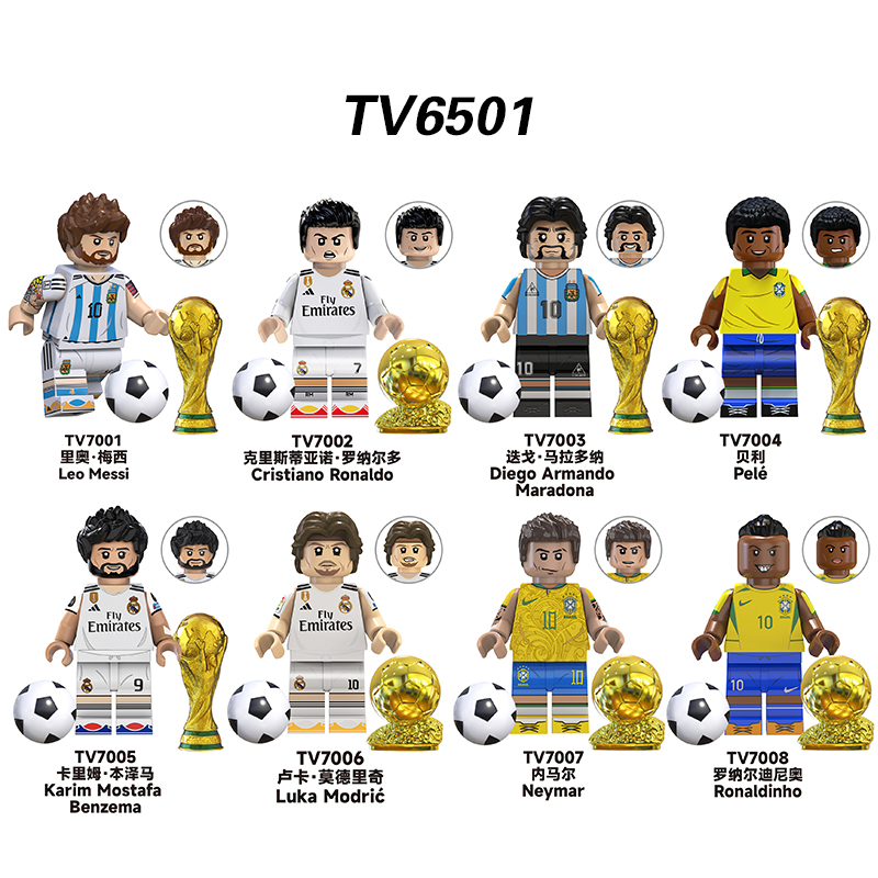 TV6501 MOC minifigures,World Cup football stars Messi Pele Neymar Benzema building blocks compatible with Lego