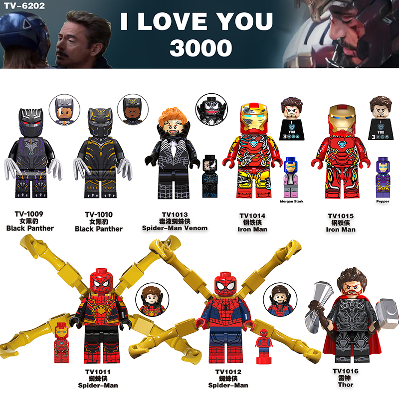 TV6202 Superhero Block Minifigures, Spider Man, Iron Man, Black Panther, Venom Spider Man Super heroes minifigures